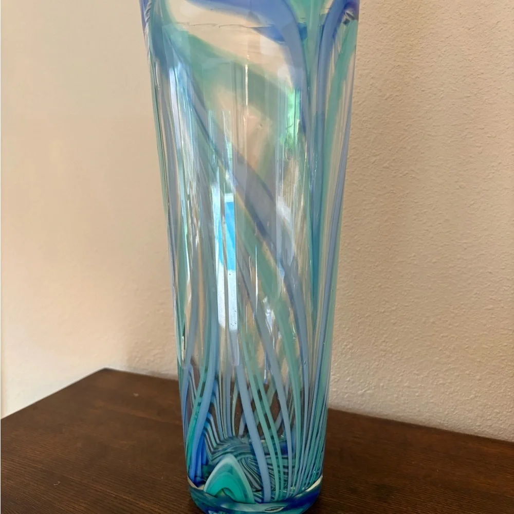 Vintage hand blown Blue and Green Swirl Glass Vase